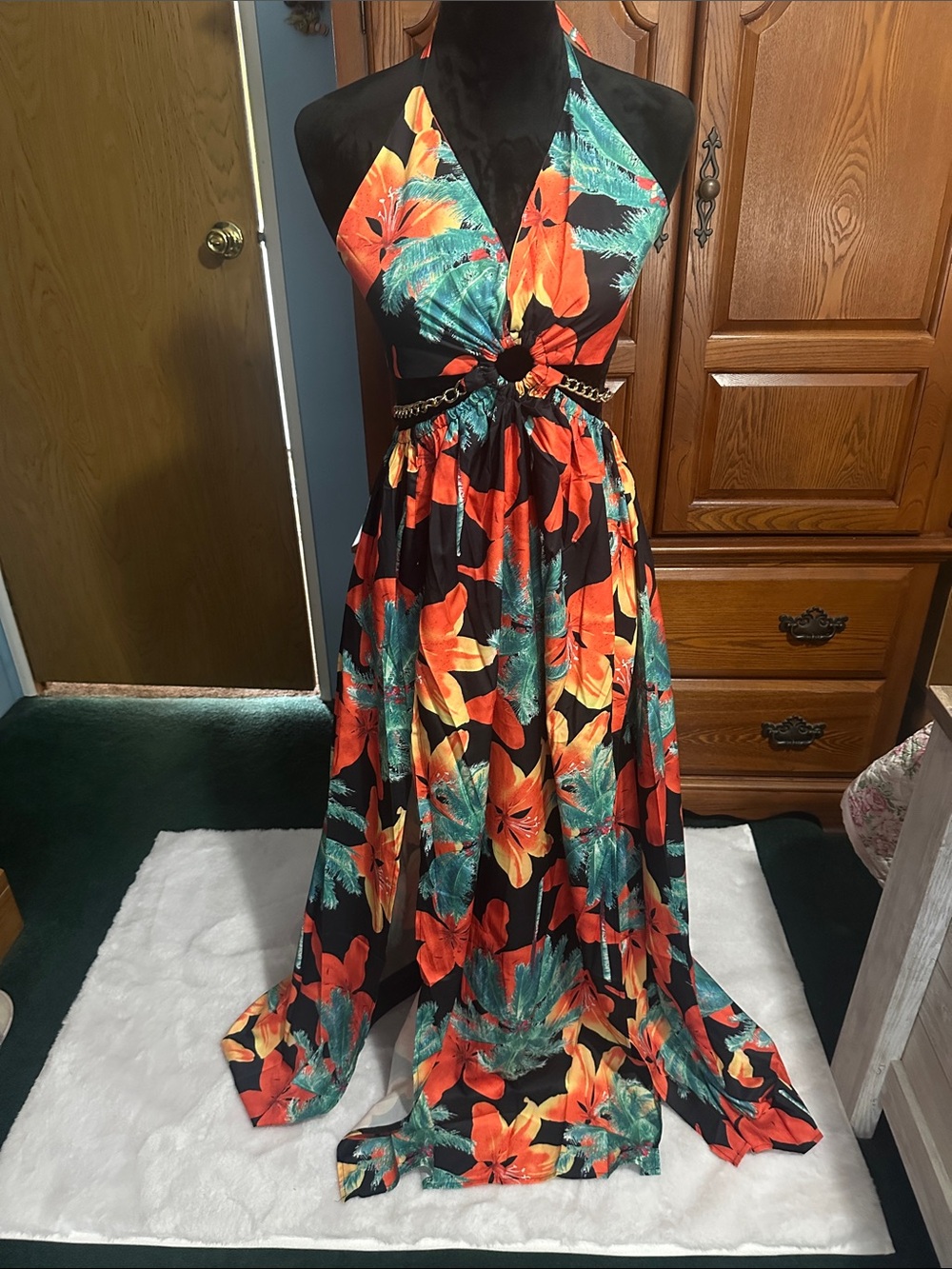 Halter Floral Maxi Dress in Black with Orange & Teal Bloom